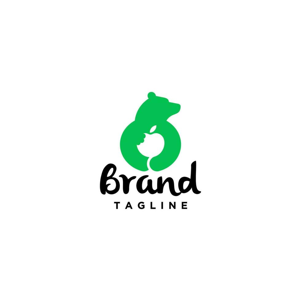Bear Bites Fruit Logo Design. Fun Illustration Of A Bear Biting A Fruit In His Hand. vector