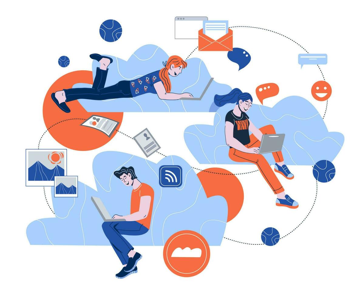 Cloud networking concept with people working on laptop, communication and global e-mail technology. Cloud storage and information sharing. Cartoon vector illustration.