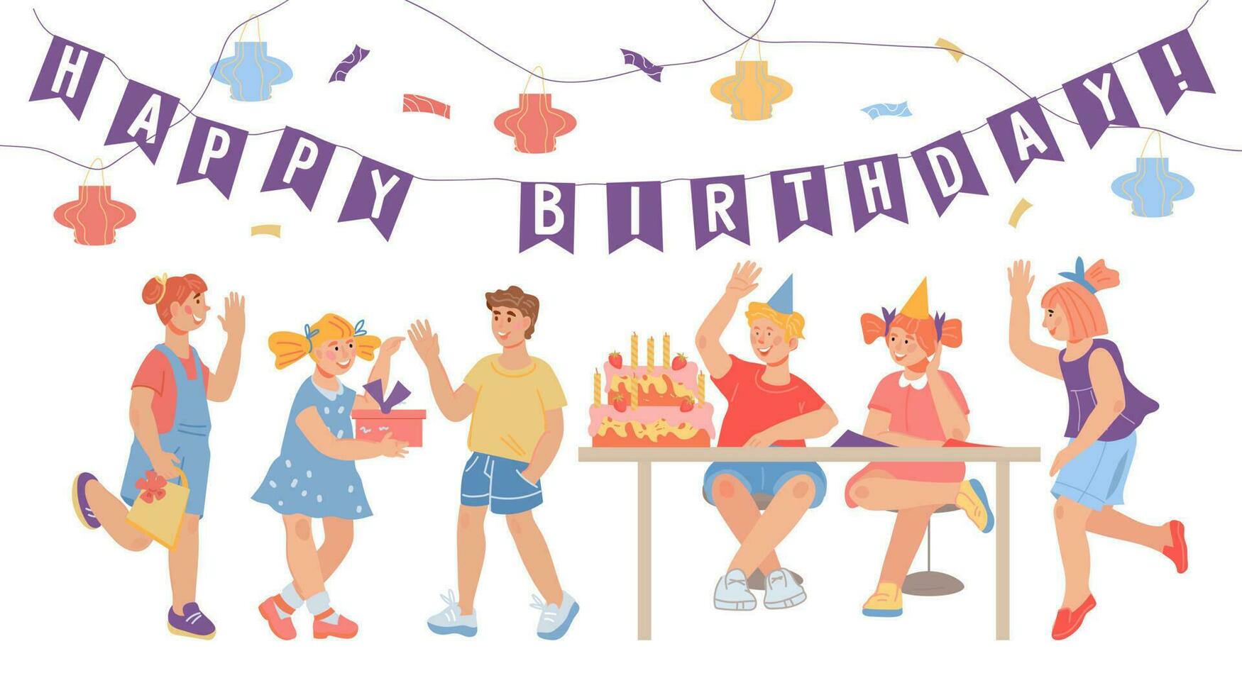 niños cumpleaños fiesta bandera o póster modelo con dibujos animados niños teniendo divertido, plano vector ilustración. antecedentes o diseño de invitación o saludo tarjeta para niños cumpleaños celebracion.