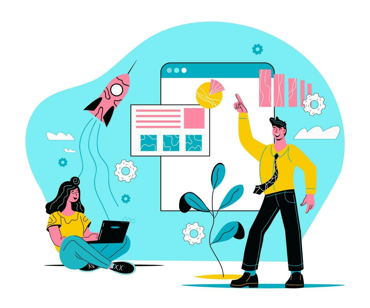 Business education and online training courses concept with people getting knowledge via internet. Business staff training, specialization. Vector illustration concept for web design, marketing.