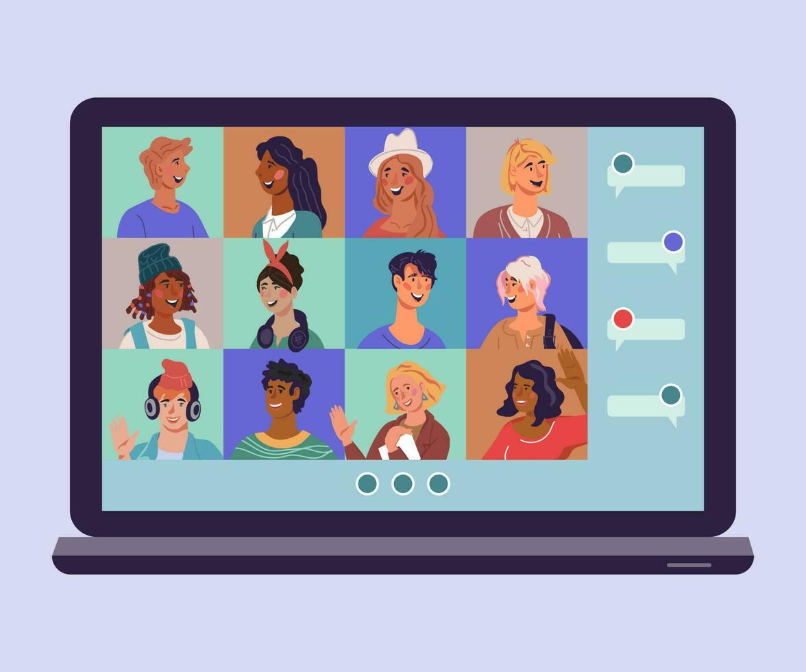 Virtual online conference concept - laptop with online chat avatars of people connected to online chat. Internet communication and computer technology for business and life. Flat vector illustration.