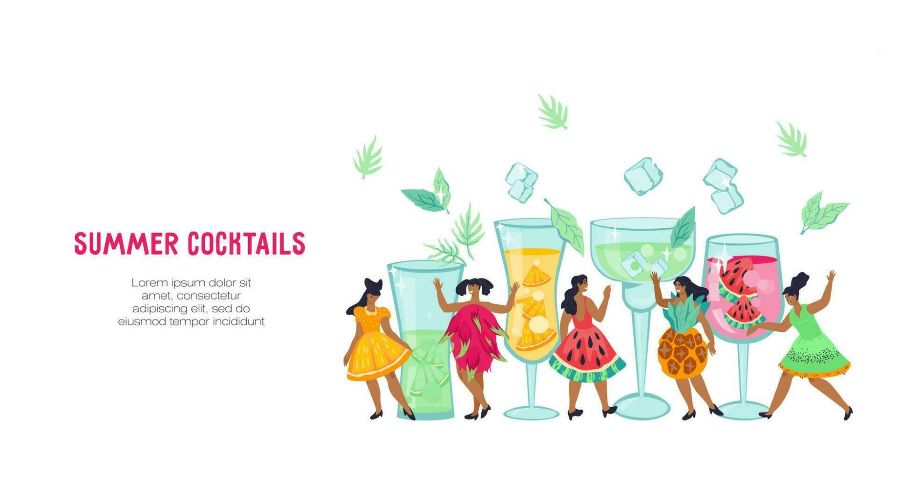 Poster or banner design for cocktail party and beach bar with girls characters in costumes in tropical fruit shape. An invitation to a cocktail bar or lounge party. Flat vector illustration.