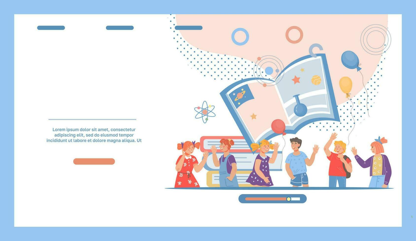Website page template for kids online science classes with cartoon children among symbols of chemistry, physics and astronomy school subjects. Online distance education for children, flat vector. vector