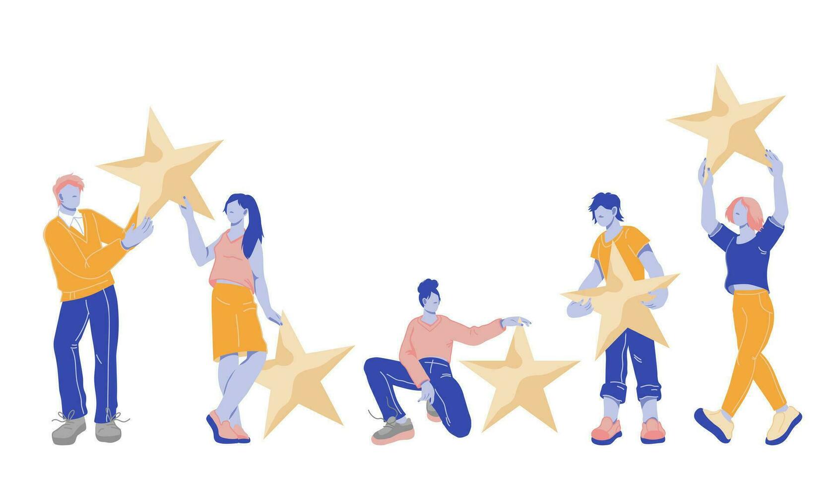 Clients giving positive feedback to product or service quality. Customer feedback satisfaction and quality survey method concept with people holding star marks, flat vector illustration isolated.