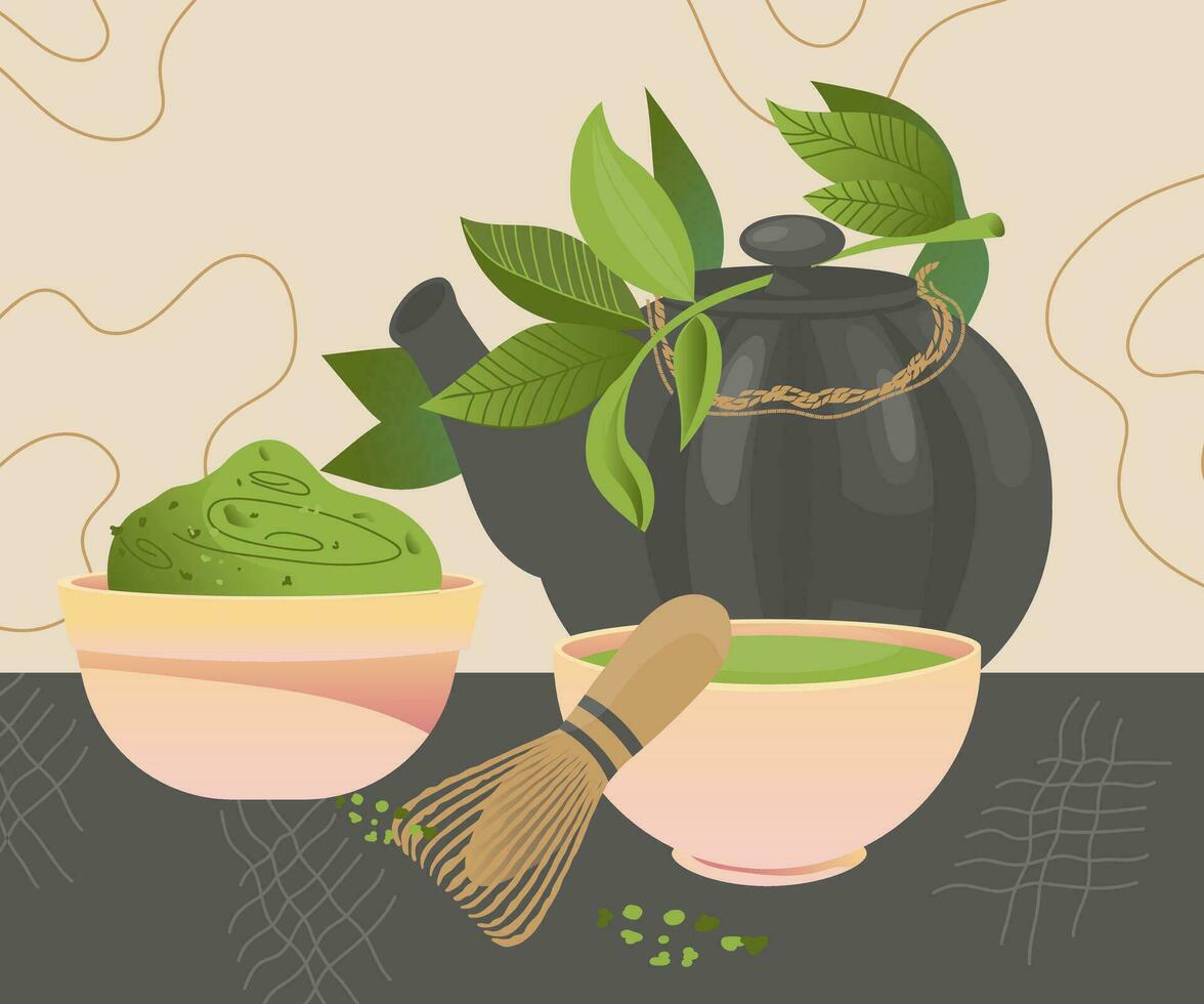 Card or banner background with utensils for Matcha green tea brewing including teapot and fresh green leaves, flat vector illustration. Japanese or Chinese asian Matcha tea drink.