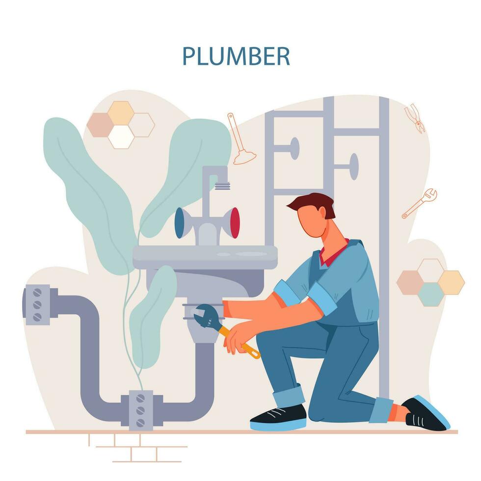 Plumber man fixing water pipes. Plumbing services banner or advertising poster template, flat vector illustration isolated on white background. Design for flyer or leaflet of home repair service.