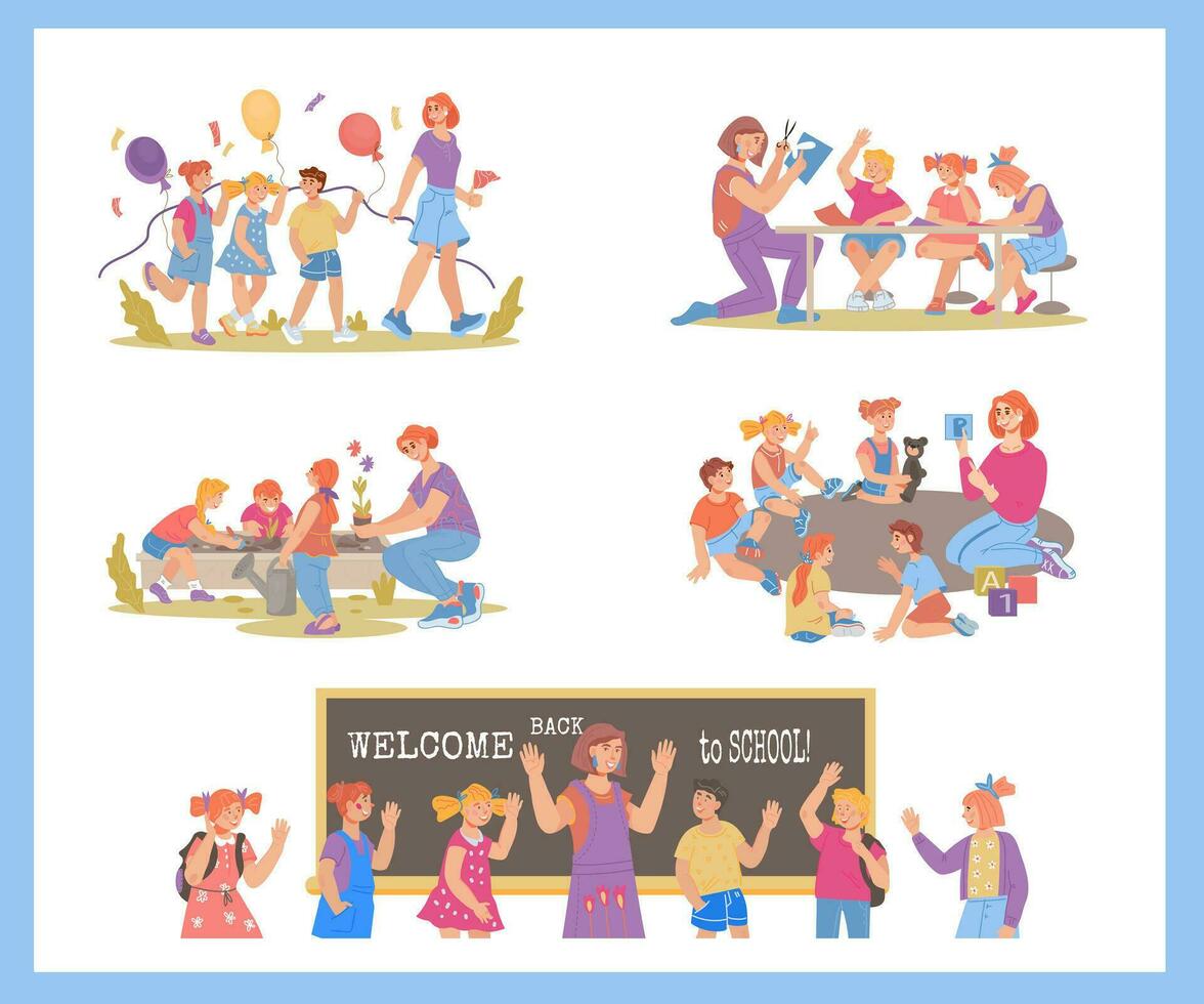 Preschool or kindergarten children activities set. Daycare center or elementary school scenes. Children with teachers walk, play and study together, cartoon flat vector illustration.