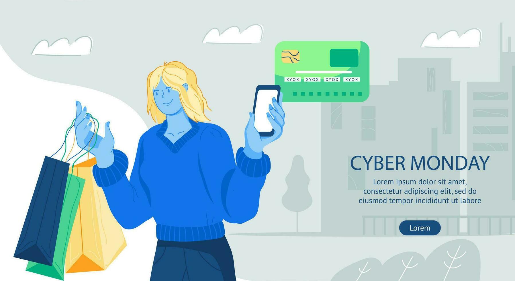 Website banner template for Cyber monday sale and discount with woman shopping goods via mobile app, flat vector illustration. Advertising web page for online sale-out and clearance of Cyber monday.