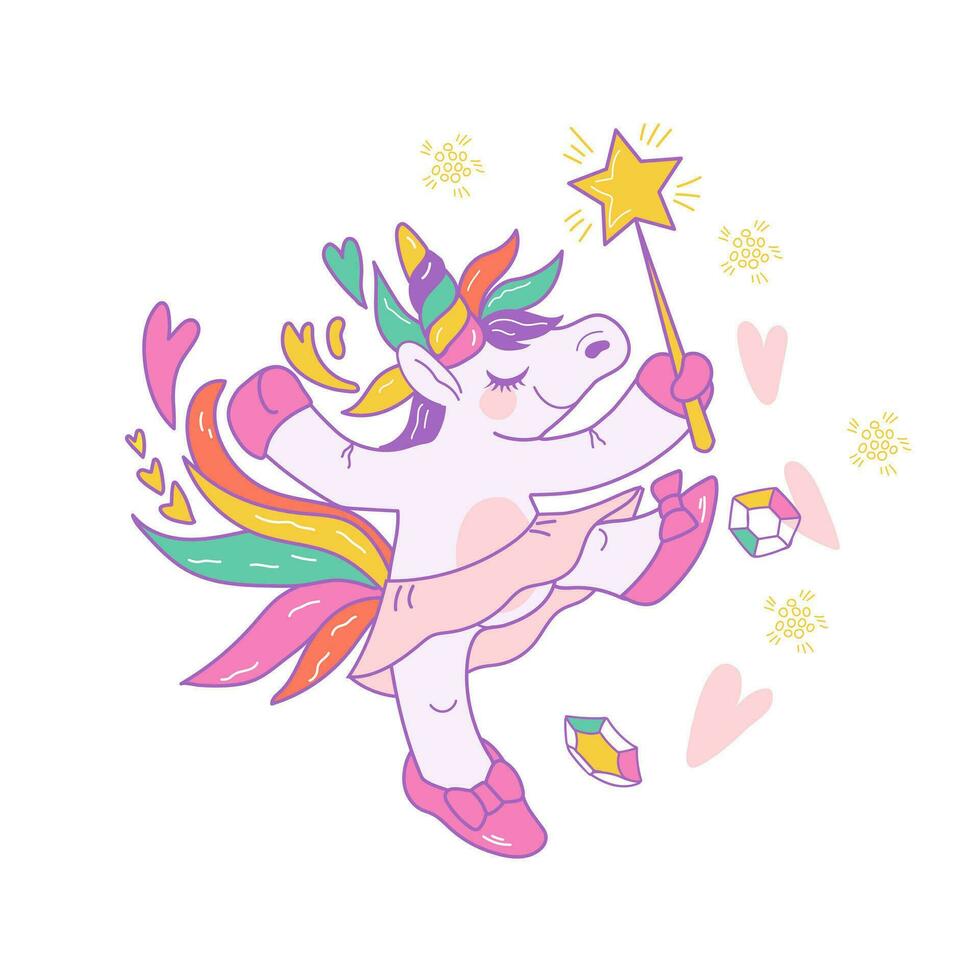 linda bailando hada unicornio con arco iris melena y bailarina tutu falda, dibujos animados vector icono ilustración aislado en blanco. impresión diseño de magia infantil unicornio para pegatina o parche insignia.