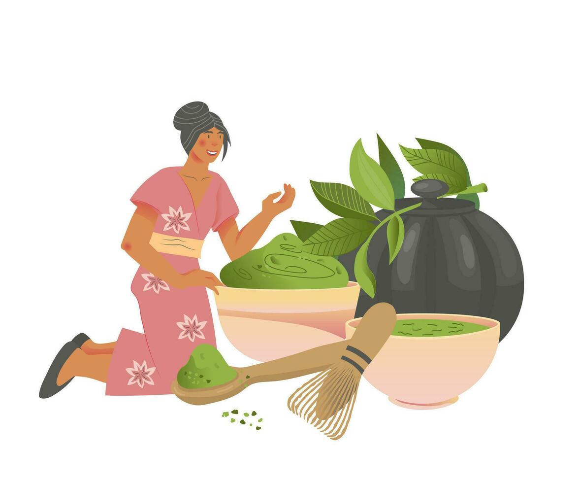 matcha verde té tarjeta o bandera antecedentes diseño con minúsculo mujer y enorme utensilios para haciendo verde bebida desde matcha hojas, vector ilustración aislado en blanco. casa de te o café menú fondo.