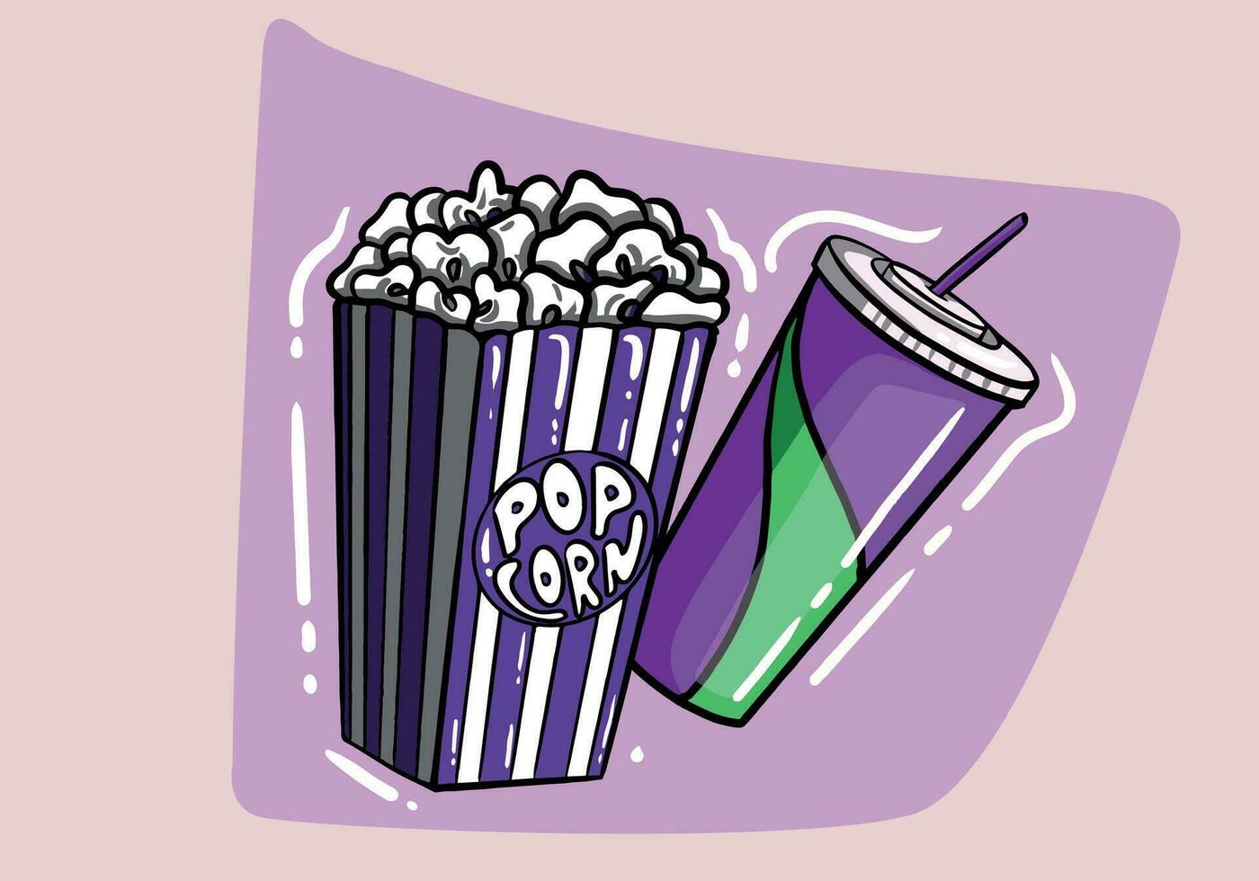 Popcorn and soda with straw. Cinema icon in flat dsign style. Vector illustration