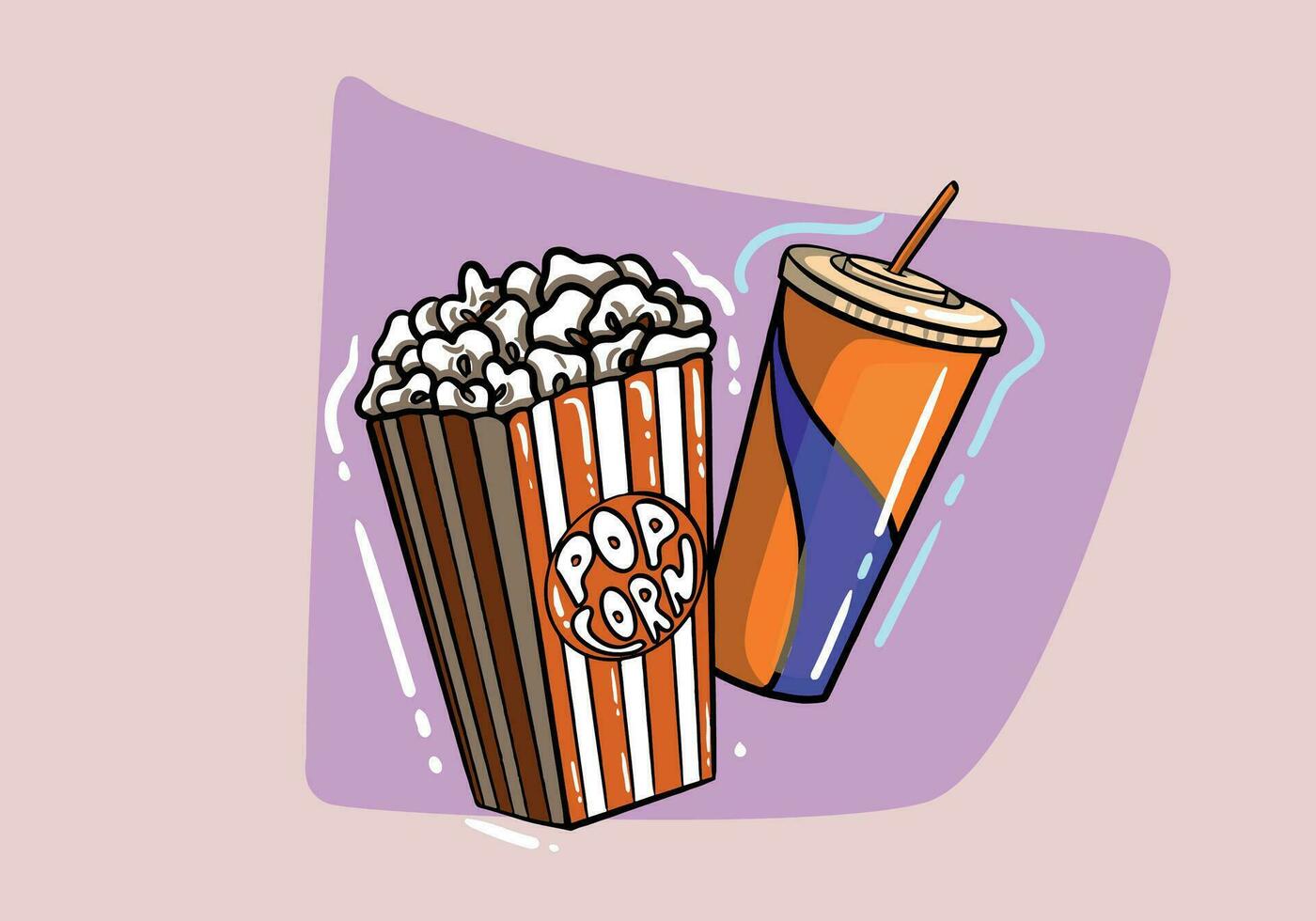 Popcorn and soda with straw. Cinema icon in flat dsign style. Vector illustration