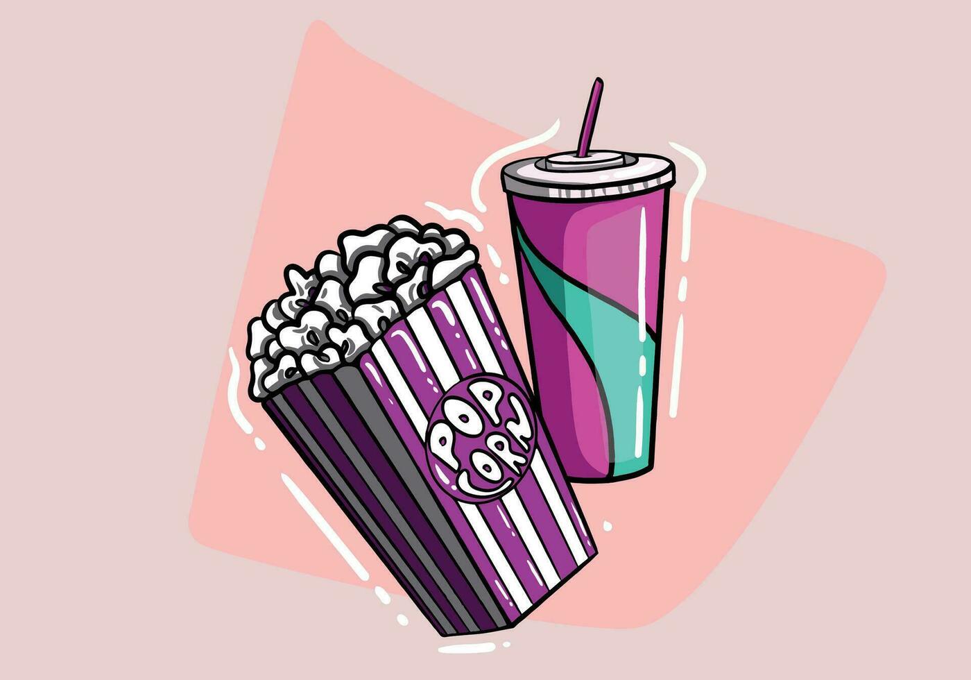 Popcorn and soda with straw. Cinema icon in flat dsign style. Vector illustration