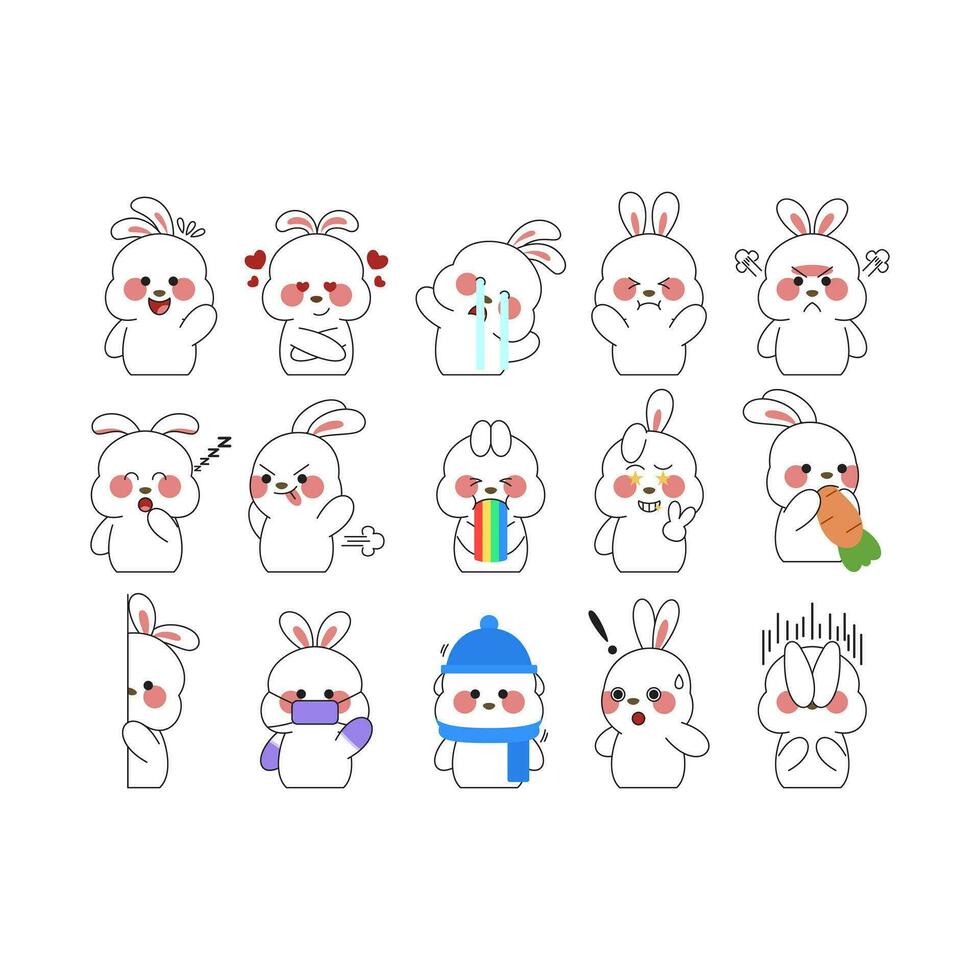 Cute Bunny Sticker Cartoon Illustration Isolated On White Background. Kawaii cute cartoon character design. vector