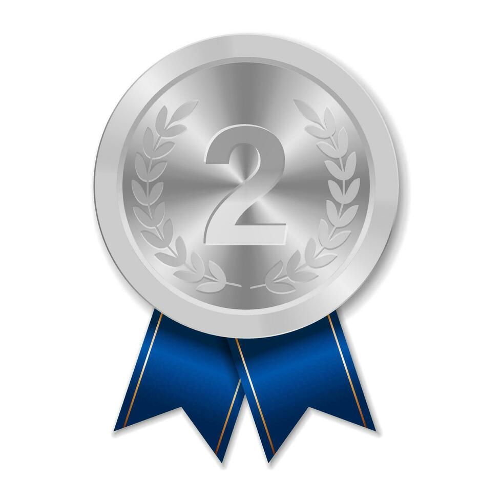 Silver award sport medal for winners with blue ribbon vector