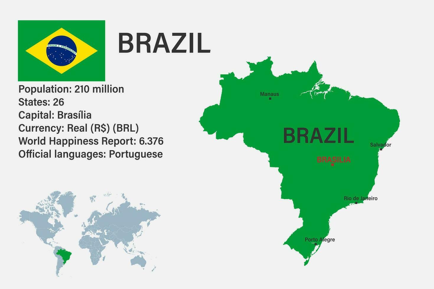 Highly detailed Brazil map with flag, capital and small map of the world vector