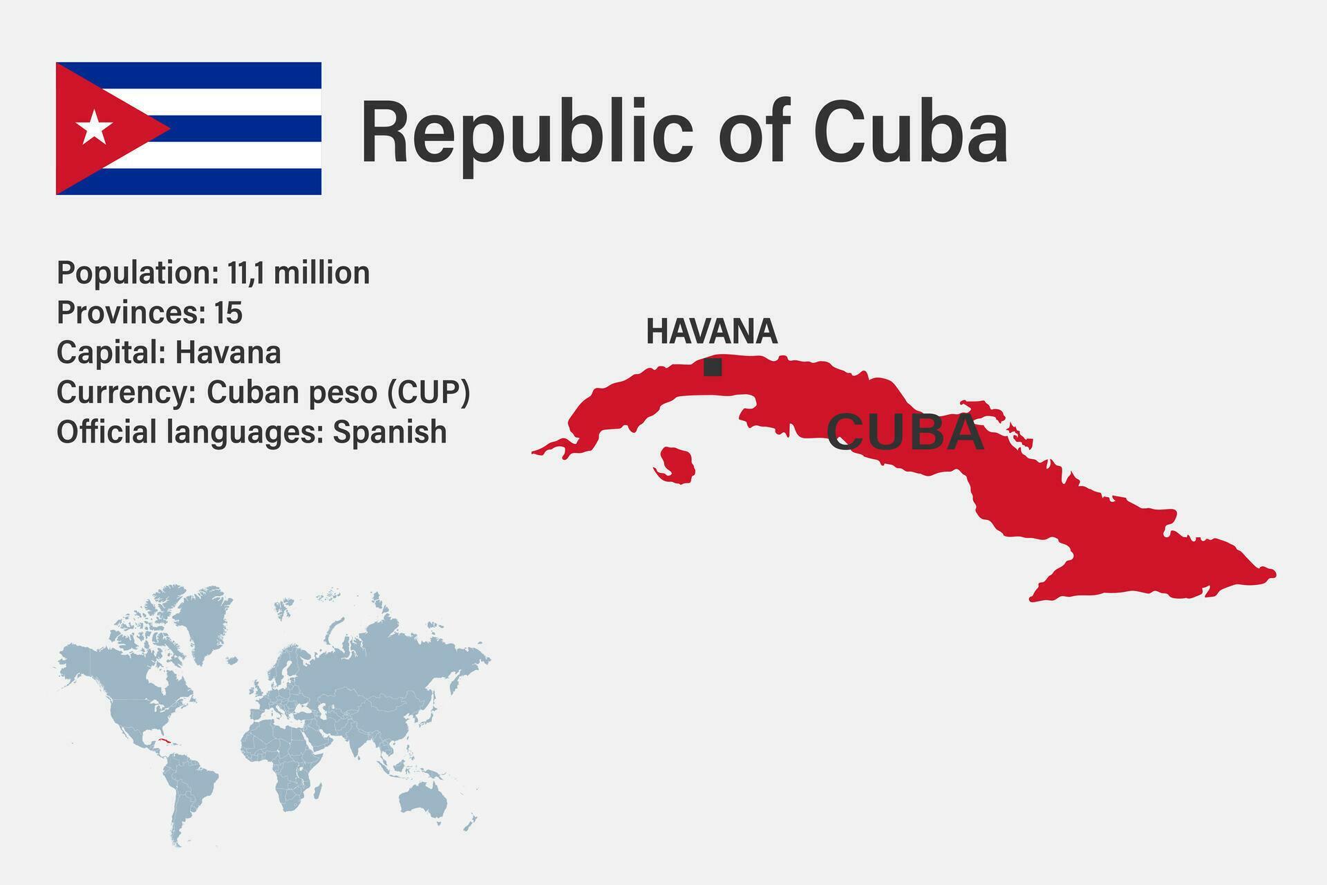 Highly detailed Cuba map with flag, capital and small map of the world