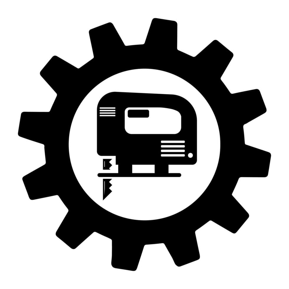 Electric hand jigsaw in gear icon on white background vector