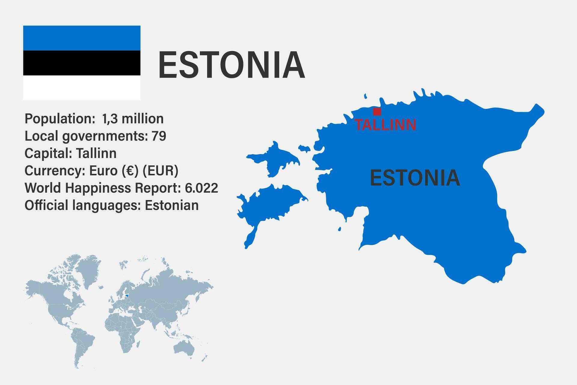 Highly Detailed Estonia Map With Flag Capital And Small Map Of The Highly Detailed Estonia Map With Flag Capital And Small Map Of The World Vector