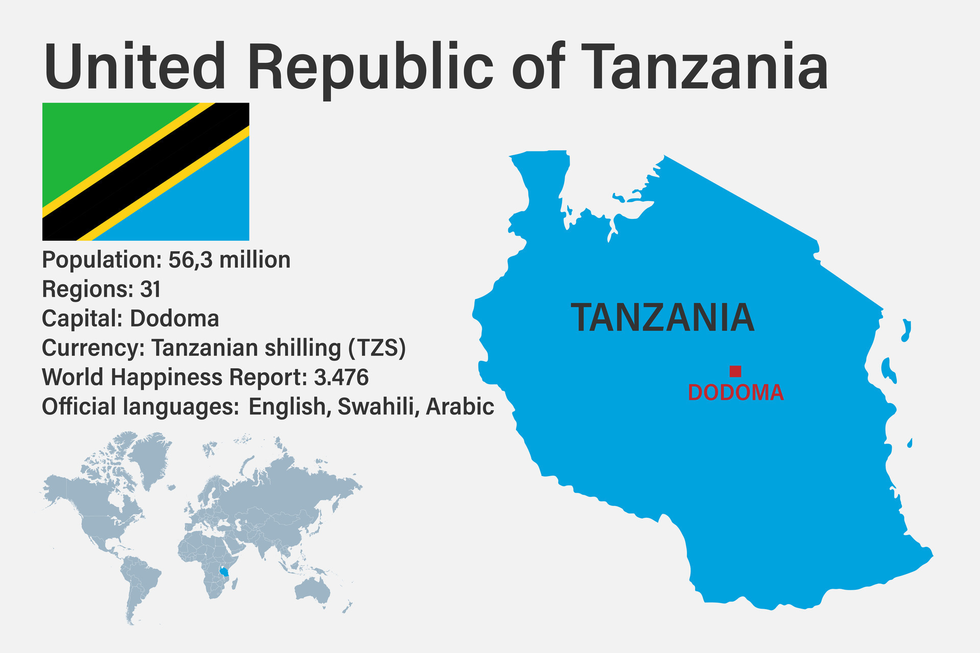 Mapa De Tanzania Muy Detallado Con Bandera Capital Y Peque O Mapa Del Highly Detailed Tanzania Map With Flag Capital And Small Map Of The World Vector 