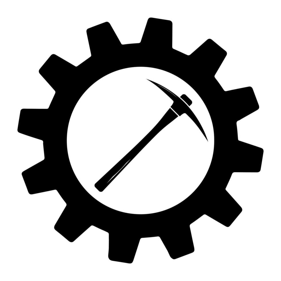 Mining pickaxe equipment tool in gear isolated symbol on background vector