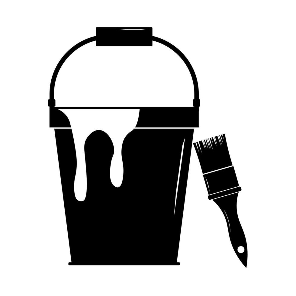Plastic bucket and paint brush icon in modern silhouette style design vector