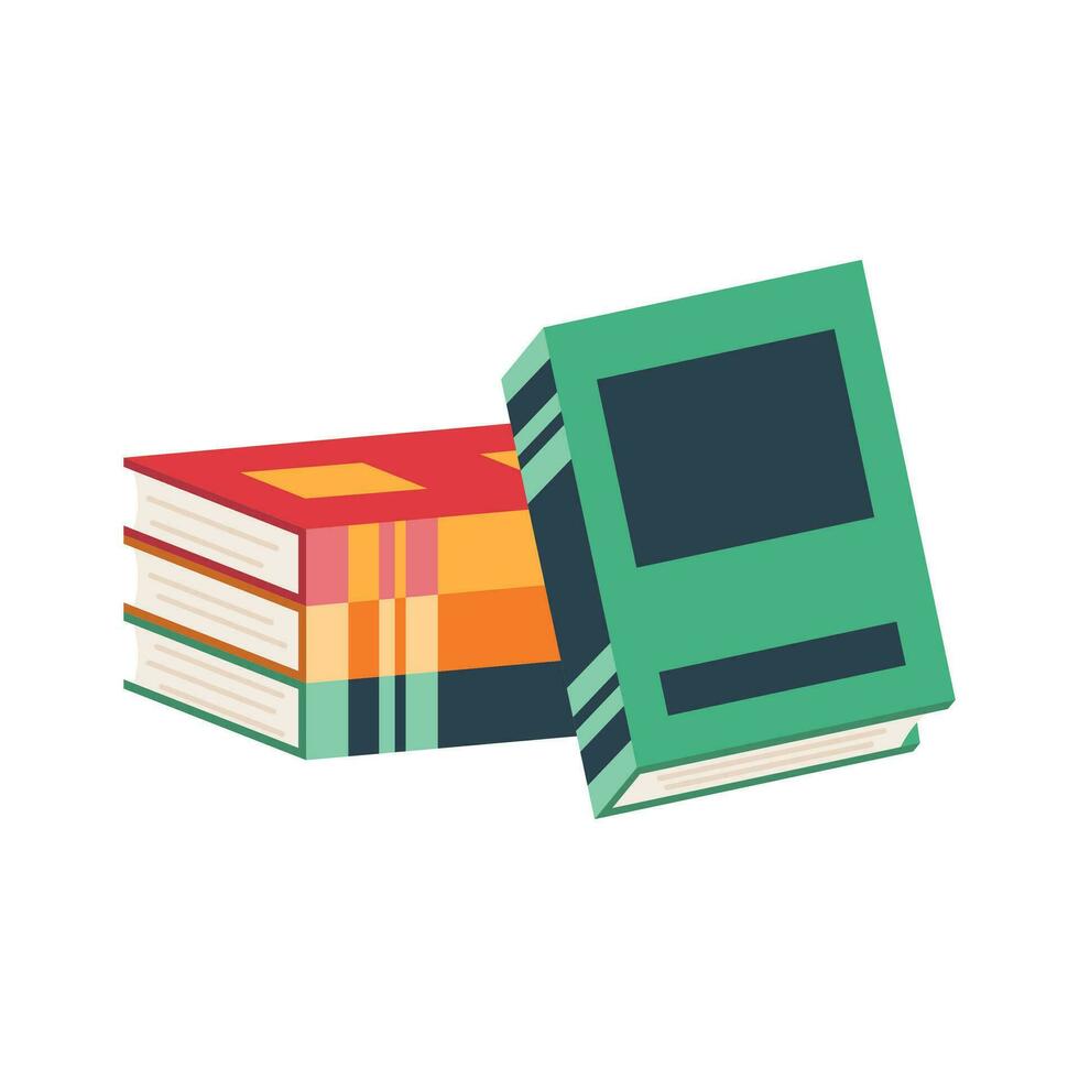 Books, stacks of books, notebooks illustration. Educational vector isolated. Book stacks. Flat-style textbooks, novel books, or diaries on shelves and trays. Bookstore, library, or college old books.