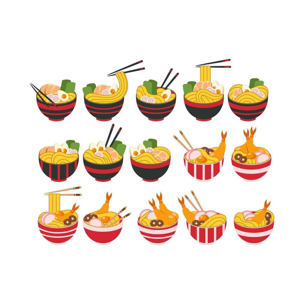 Vector illustration of delicious Japanese ramen noodle on bowl with flat style. Traditional Asian noodle soup. Ramen with eggs and shrimp. The noodles are hanging on sticks. Eastern cuisine.