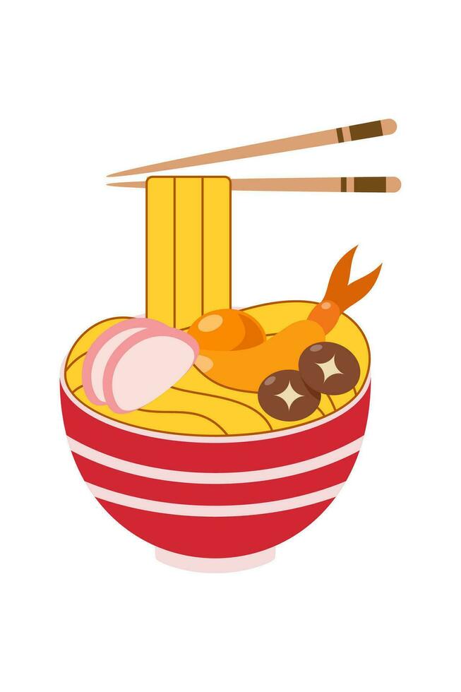 Vector illustration of delicious Japanese ramen noodle on bowl with flat style. Traditional Asian noodle soup. Ramen with eggs and shrimp. The noodles are hanging on sticks. Eastern cuisine.