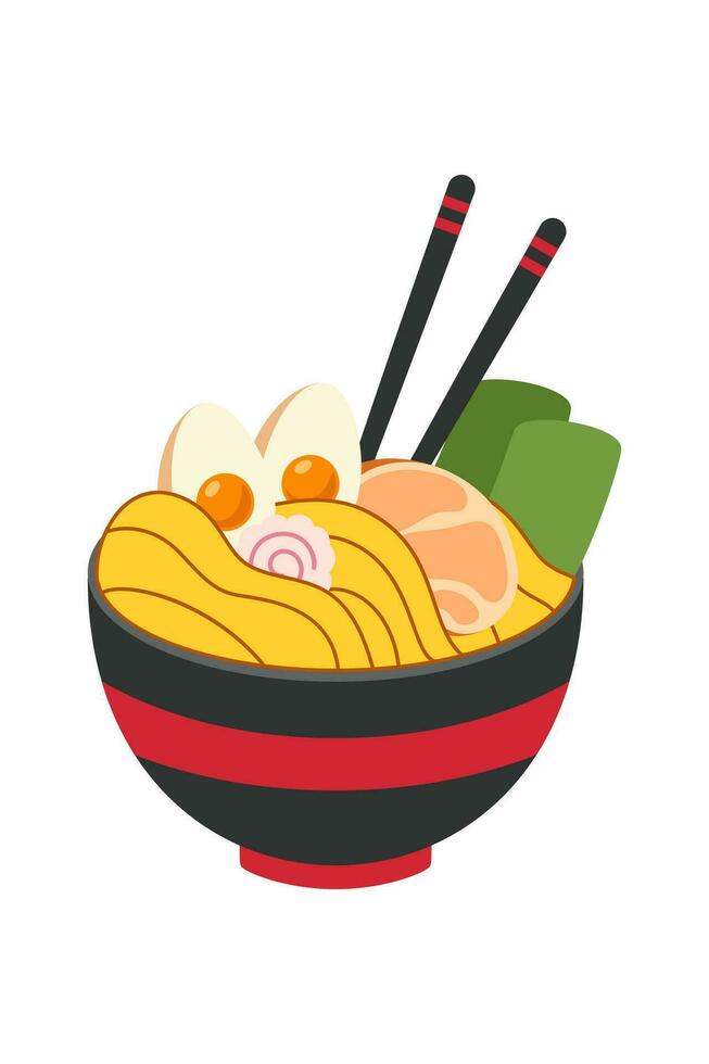 Vector illustration of delicious Japanese ramen noodle on bowl with flat style. Traditional Asian noodle soup. Ramen with eggs and shrimp. The noodles are hanging on sticks. Eastern cuisine.