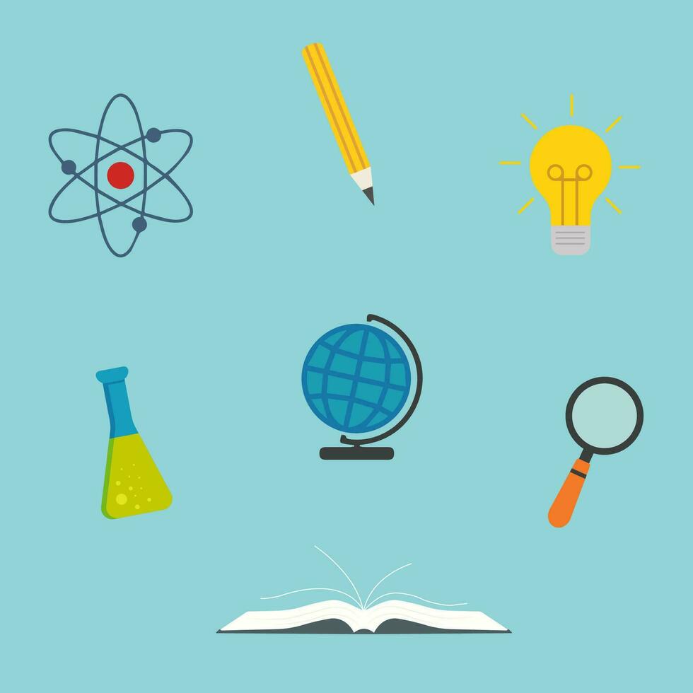 Set of icons on school, education theme flask, pencil, atom, globe, light bulb, magnifier vector