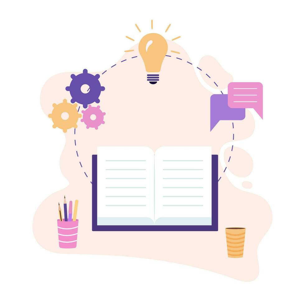 Education, school illustration with book, glass, pens, circular frame with gears, lamp message icon vector