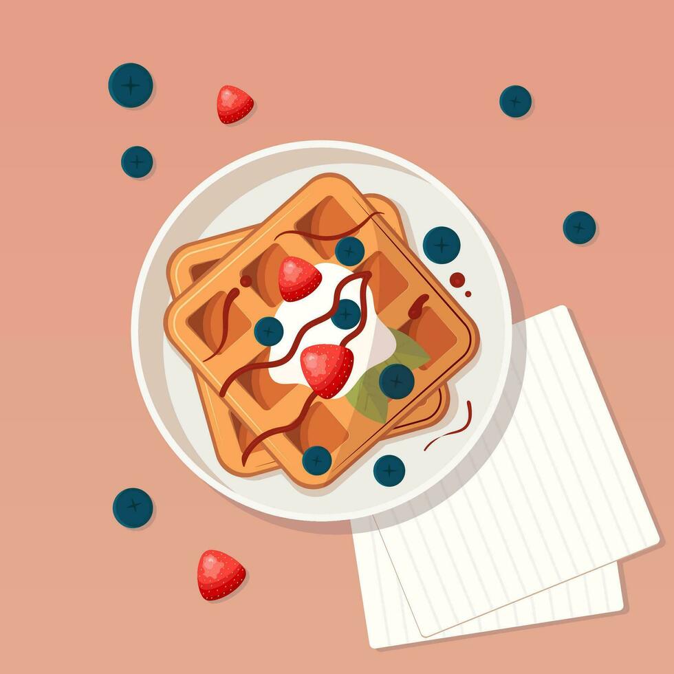 Flat illustration with waffles with strawberry, sour cream and jam on a plate. The illustration can be used for restaurants, cafes or as an illustration of everyday life. vector