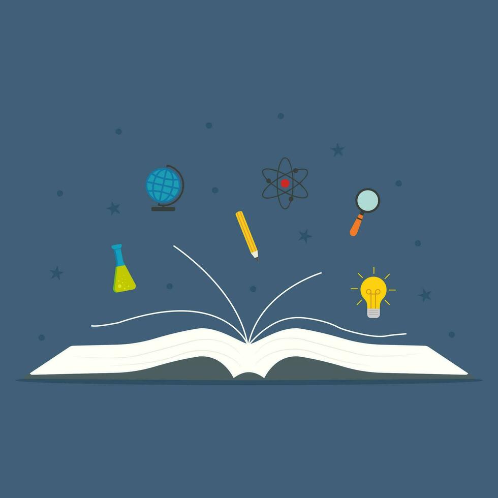 Illustration with book and icons flask, pencil, atom, globe, light bulb, magnifier vector