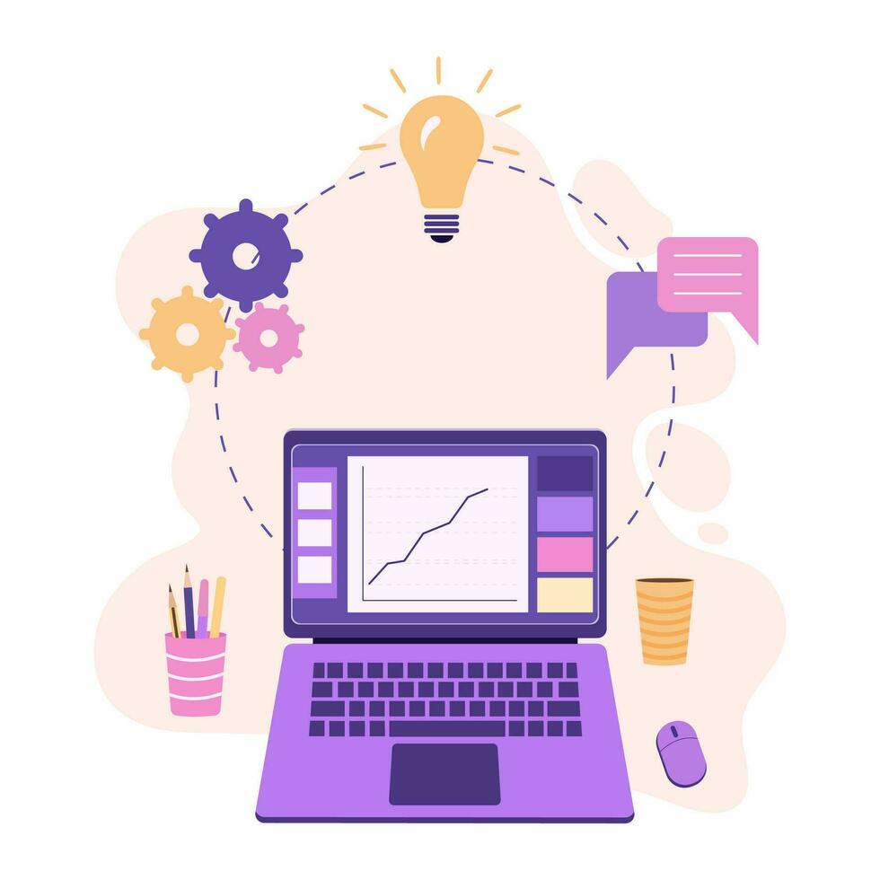Education, school illustration with laptop, glass, pens, circular frame with gears, lamp message icon vector
