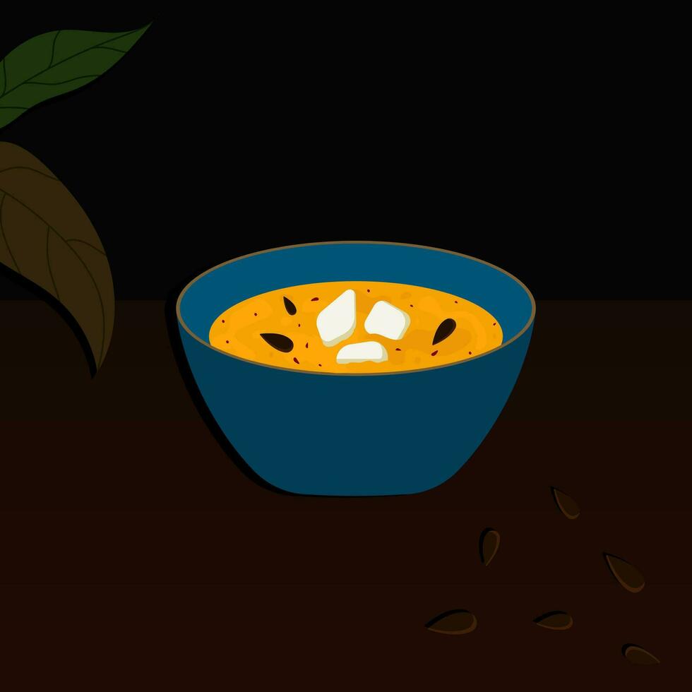 Illustration with a bowl of soup, porridge with seeds vector