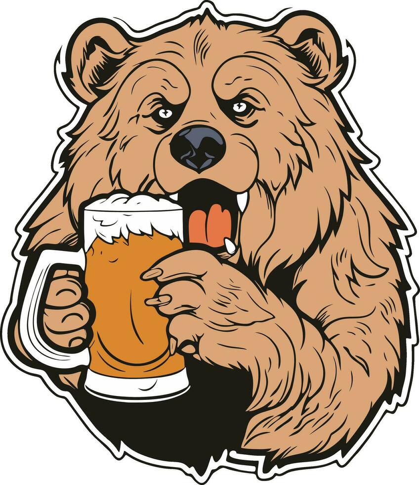 Bear with beer clipart, funny bear design vector