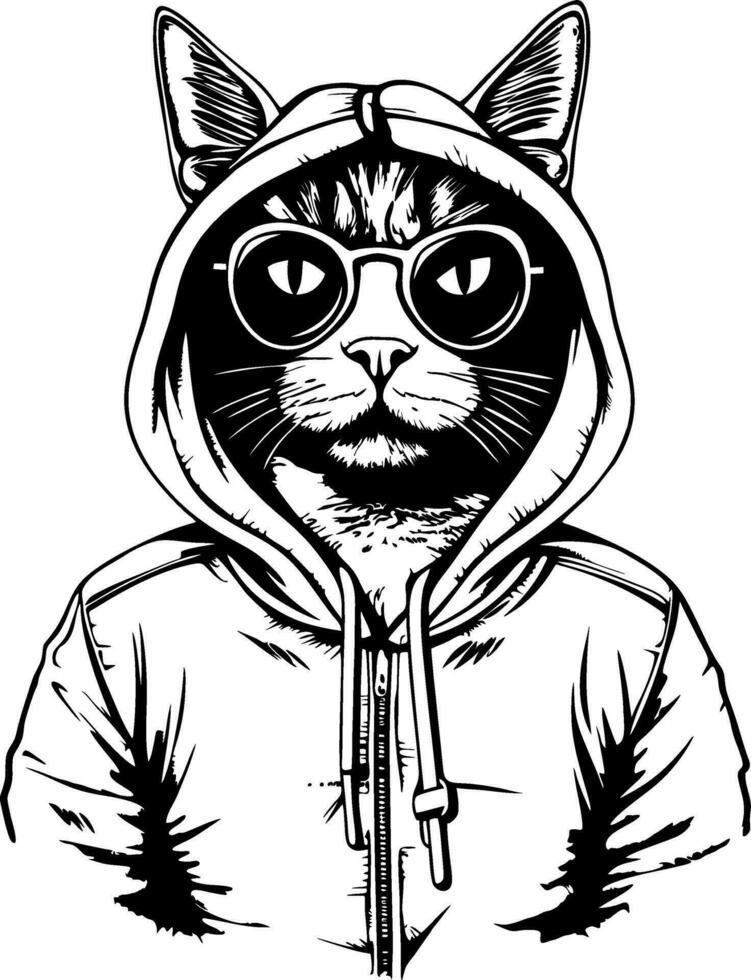 gracioso frio gato en lentes y capucha vector