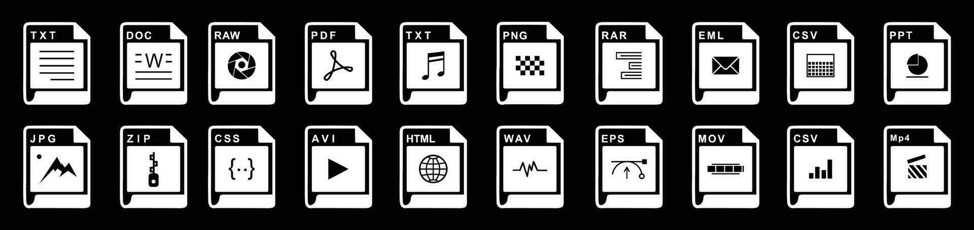Big Collection of vector icons, file extensions diverse icons set - A set of computer files and software icons stock vector for design on black background