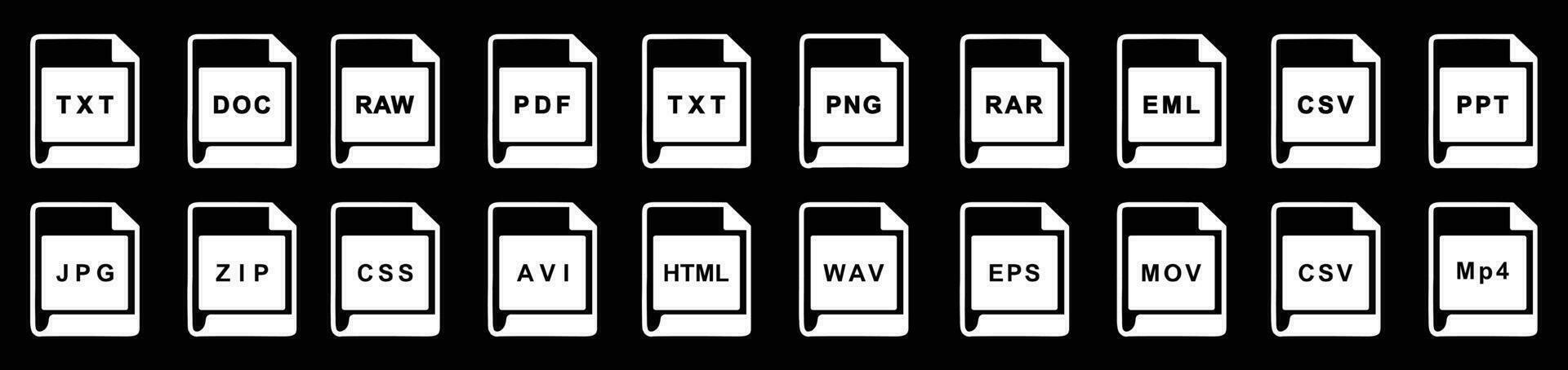 Big Collection of vector icons, file extensions diverse icons set - A set of computer files and software icons stock vector for design on black background
