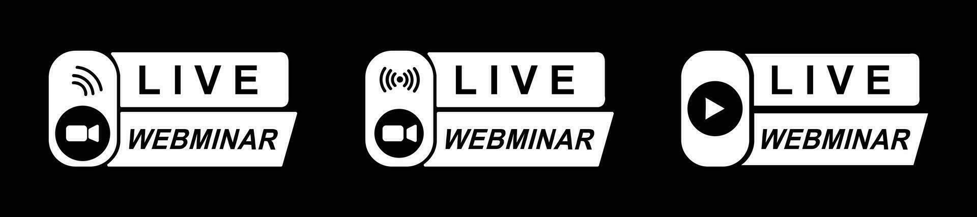 En Vivo seminario web icono, vector ilustración vídeo En Vivo arroyo, vídeo conferencia, distancia transmitir comunicación, Internet aprendizaje medios de comunicación concepto en negro antecedentes