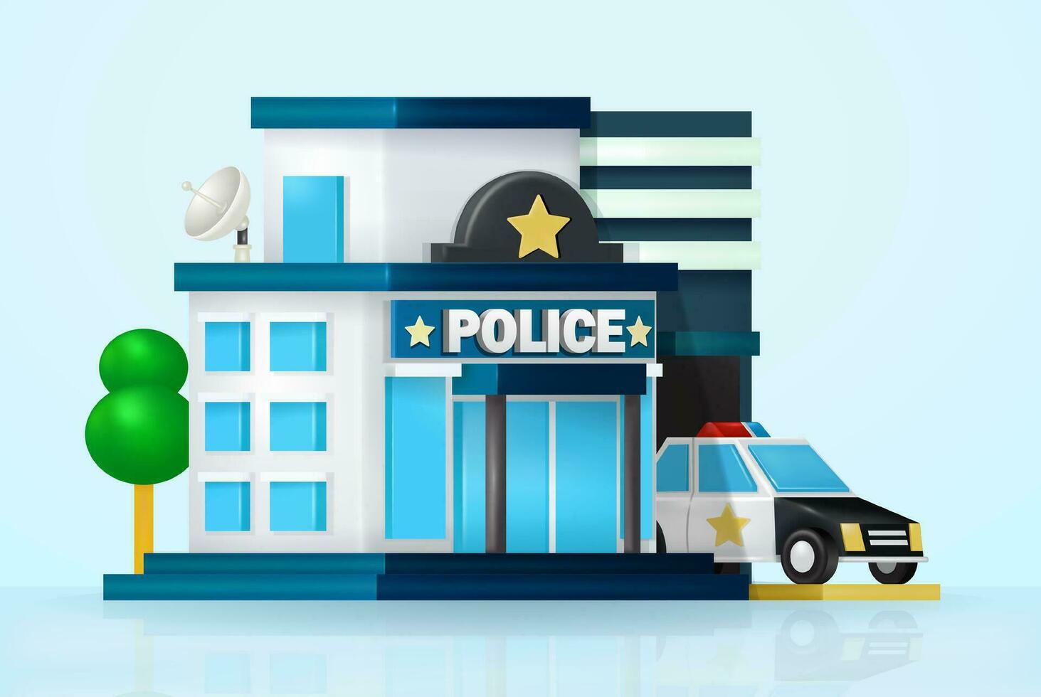 Police station and car, department building 3d vector, on bright blue background. Suitable for design elements vector