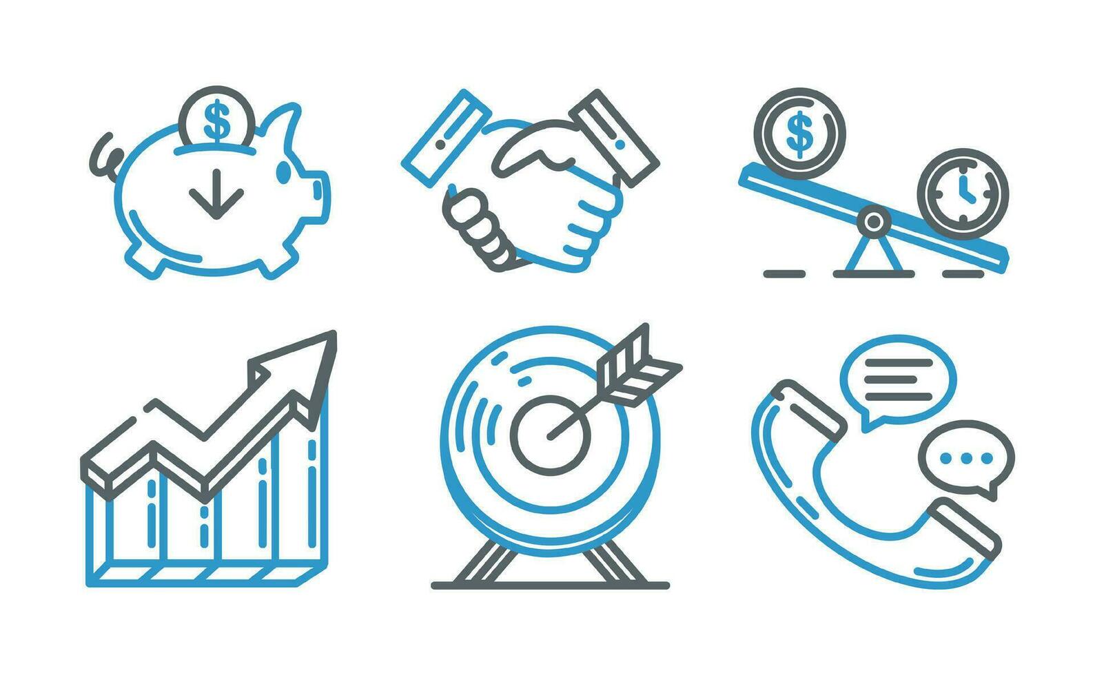 Set of icons of piggy bank line, network handshake, target, upward curve, financial stability, and communication. Suitable for websites and social media vector