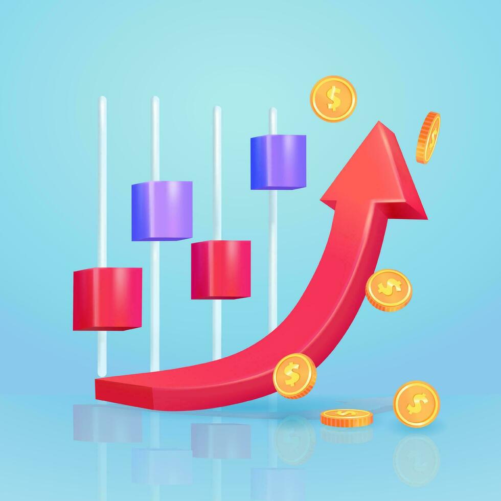 Growth stock chart, 3d vector with coin money elements, descending and ascending beams, excellent investment business chart. suitable for business and presentations