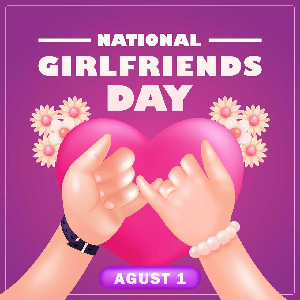 National Girlfriends Day, 3d vector illustration of a couple's hands holding each other's pinky on a pink background. Love concept, suitable for events