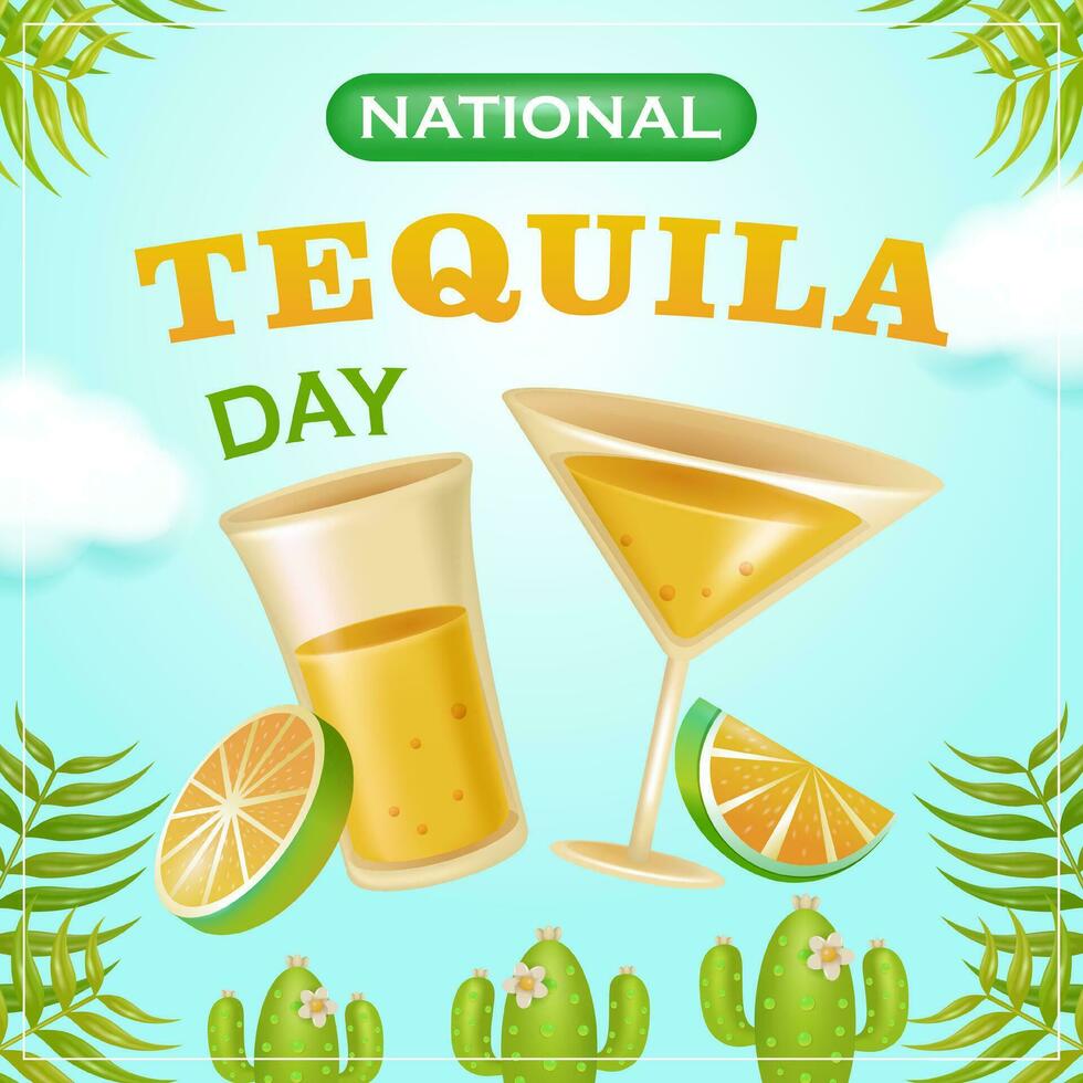 National Tequila Day, 3d vector tequla in a glass with lemon, leaf and cactus elements. Suitable for events and promotions
