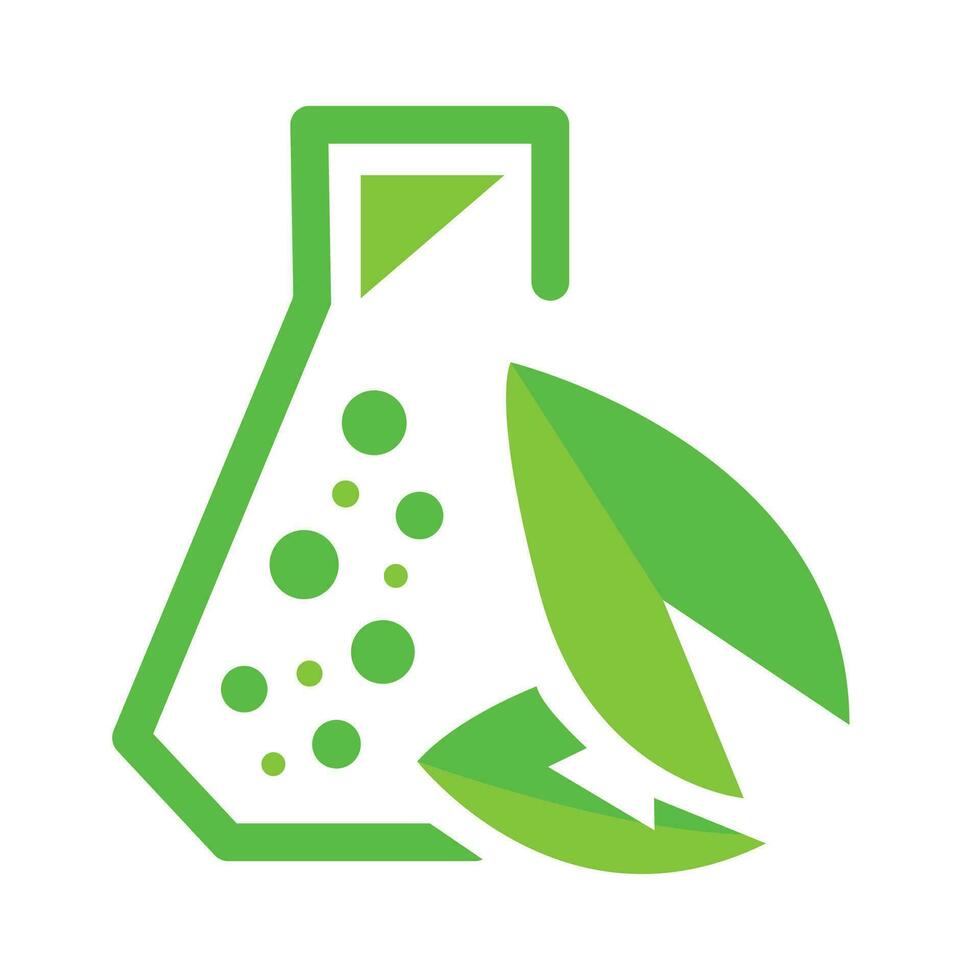 Chemical flask with bubbles and leaves icon vector