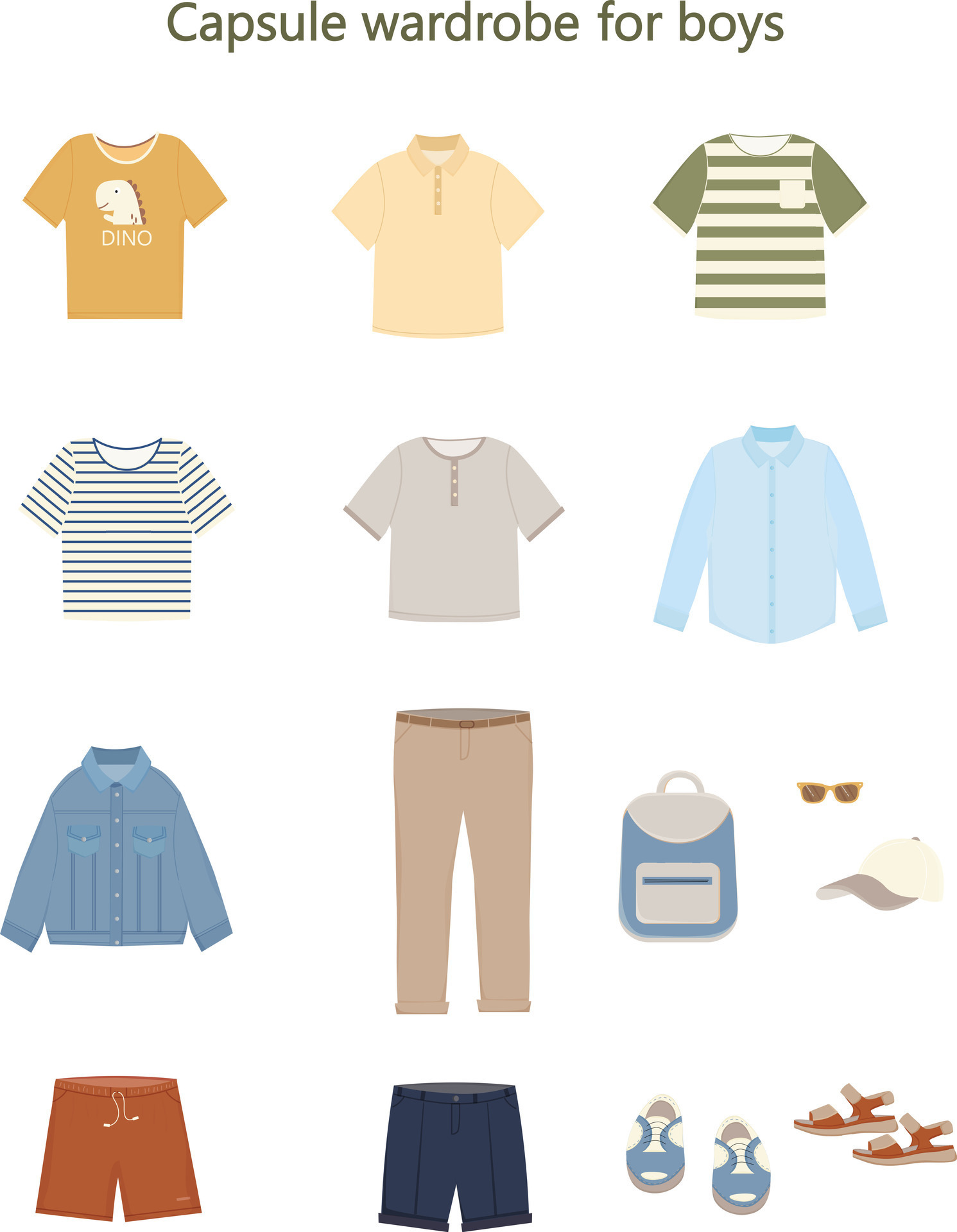 Basic capsule wardrobe for boy, teenager, man. Essential Boy's Clothes.  Shirt, t shirt, trosers, jacket, shooes, cap, sunglasses. Set of fashion  modern clothes. Vector illlustration. 25757321 Vector Art at Vecteezy