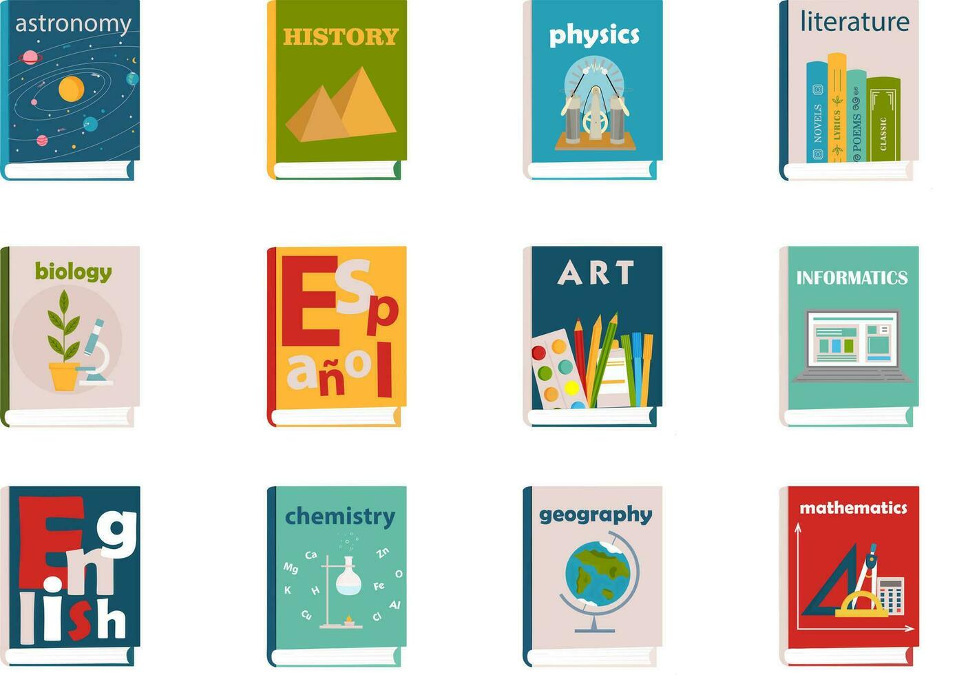 Textbooks set. Illustrated covers of textbooks.  Literature for study. Back to school. Colorful books covers. Front view of books. Vector illustration.