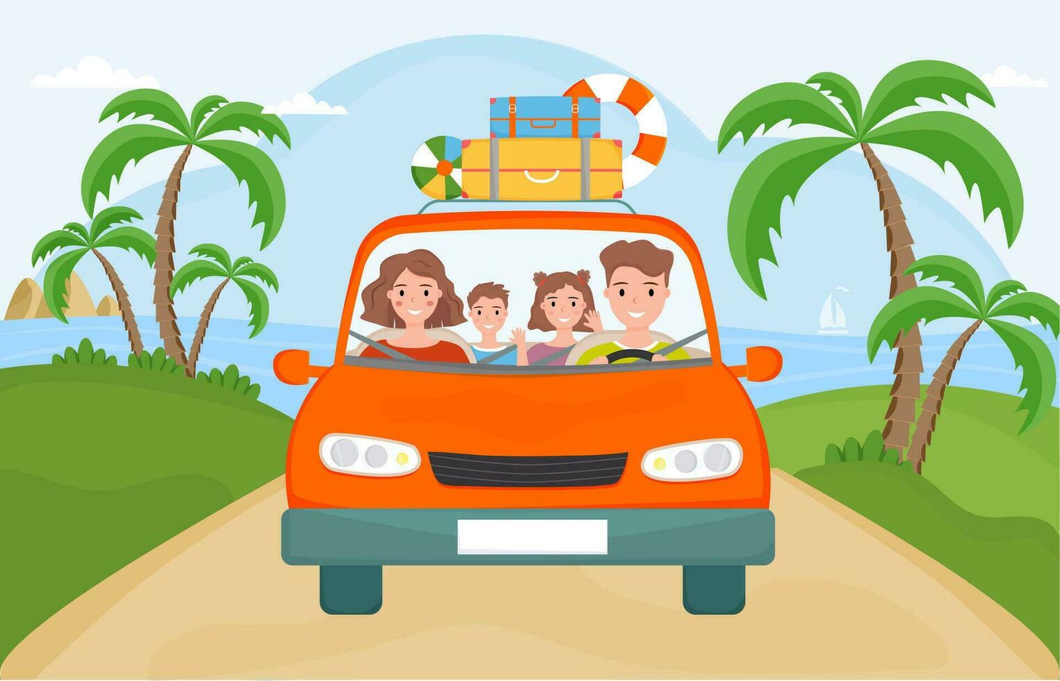Happy family riding A car. Summer traveling by automobile. Parents and two children on vacation. Summer road trip. Family with children in the red car. vector